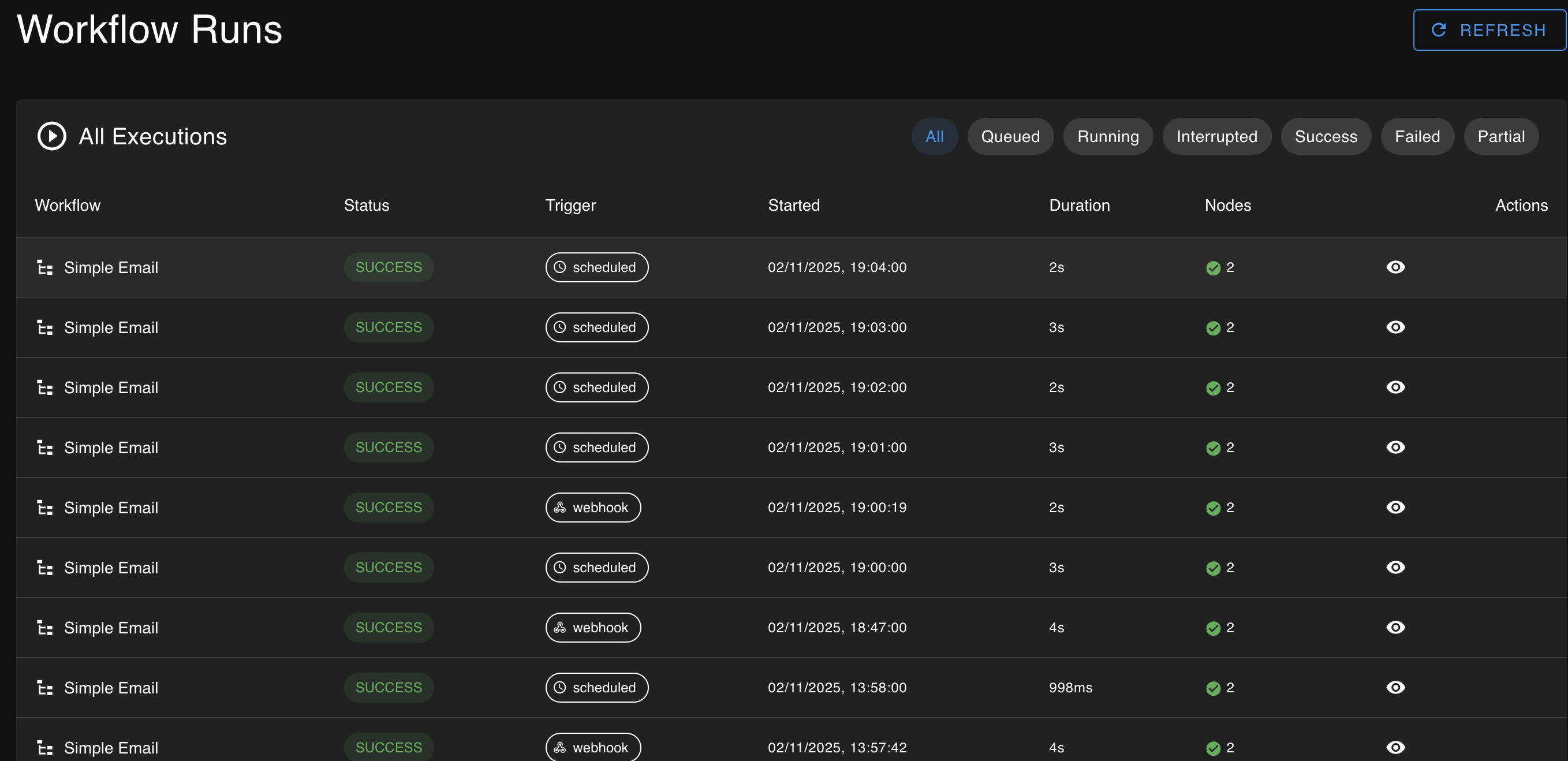 A screenshot of the Runs page listing all executions